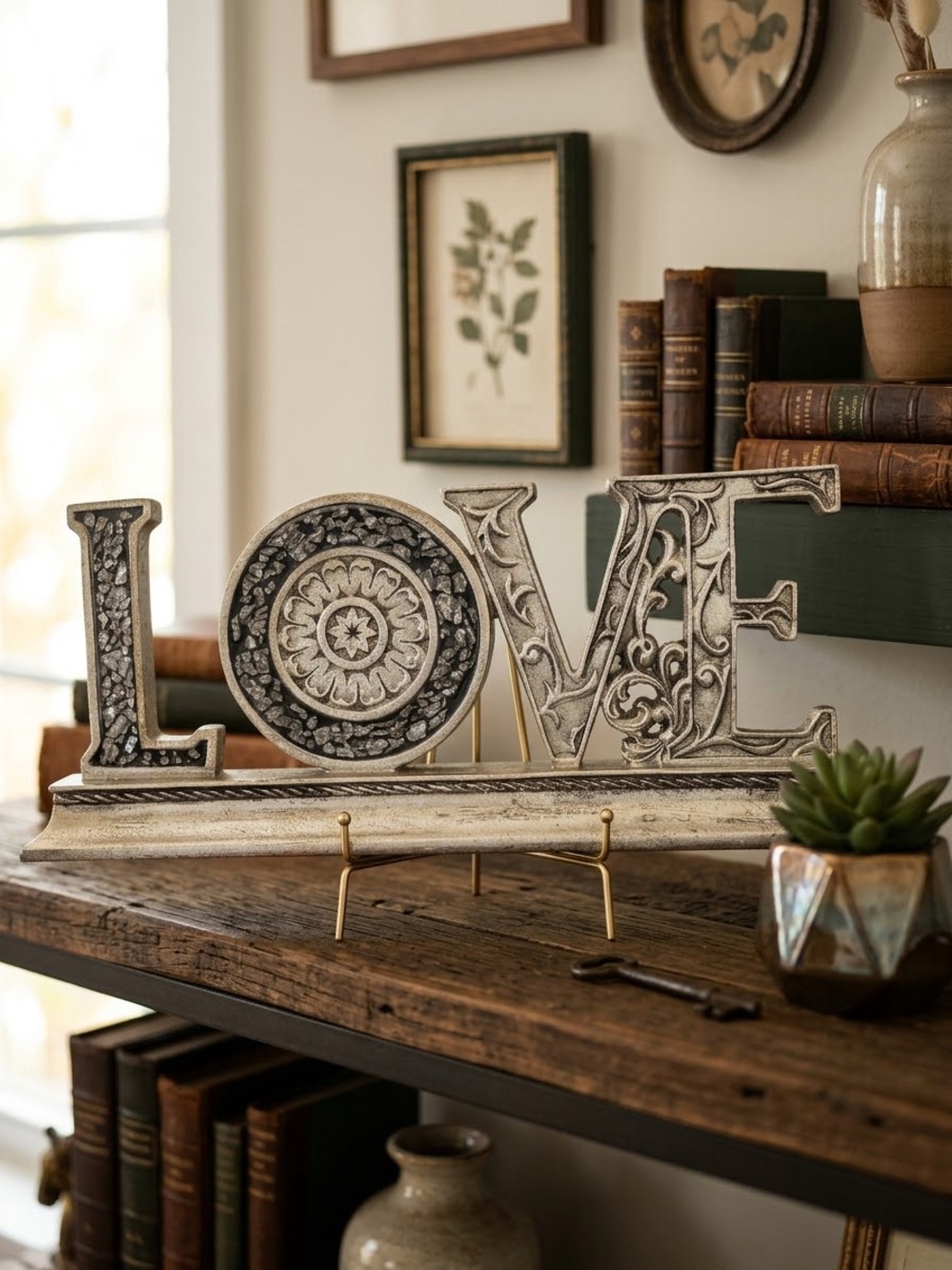 Ornate Cream LOVE Table Accent with Distressed Finish